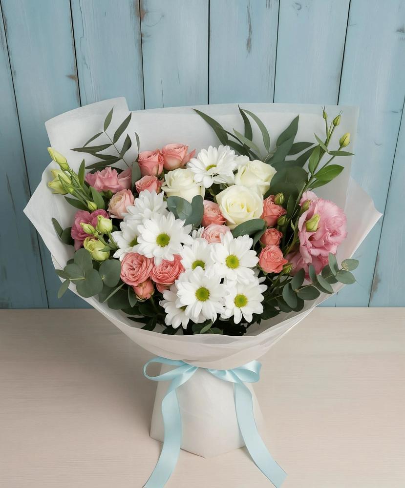 Букет цветов из: Розы, Лизиантусы и Хризантемы в Переволоцкий