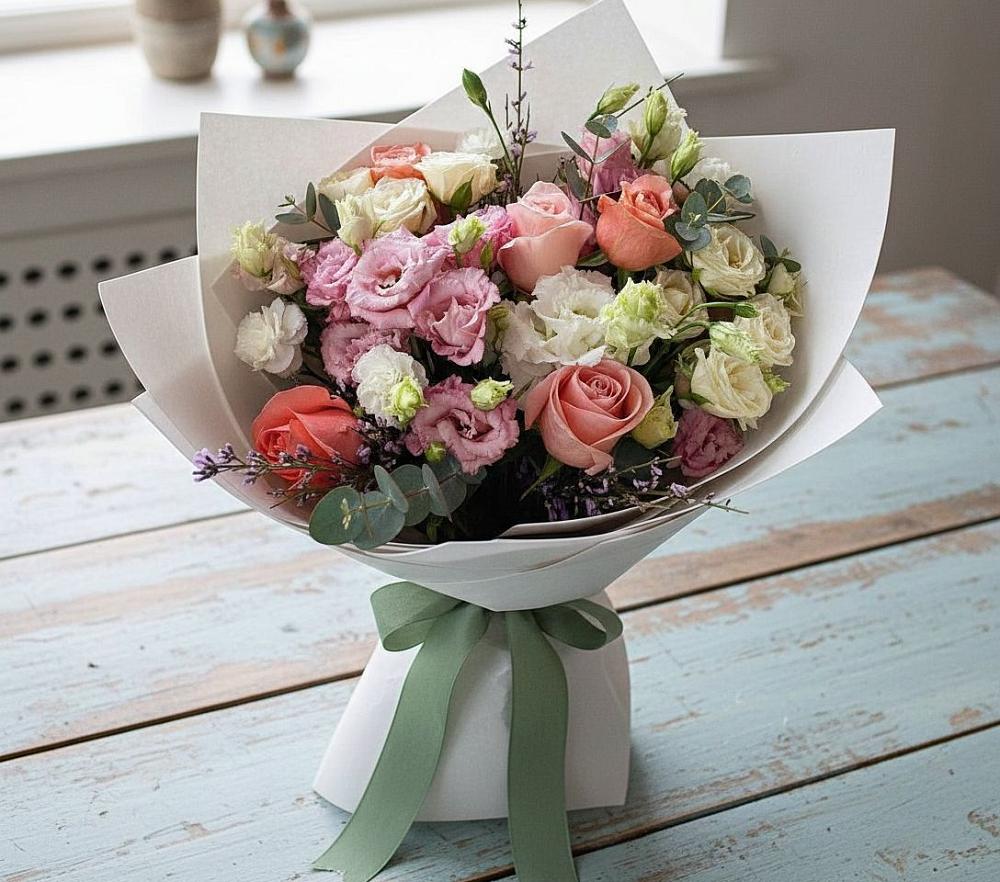 Букет цветов из: Розы, Лизиантусы и Гвоздики в Переволоцкий