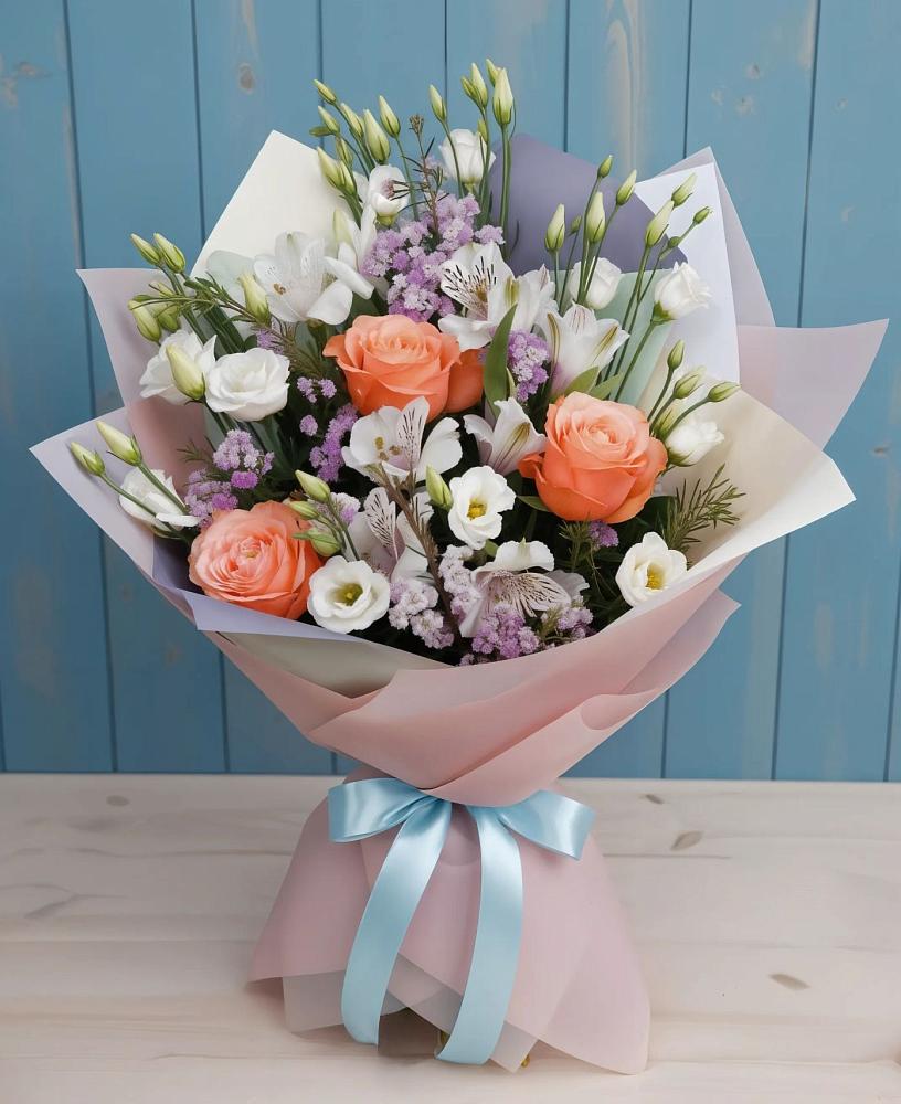 Букет цветов из: Лизиантусы, Розы, Альстромерии и Гипсофила в Переволоцкий