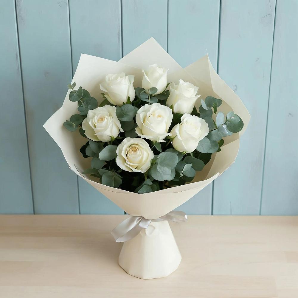 Букет Белые розы в Эвкалипте в Переволоцкий