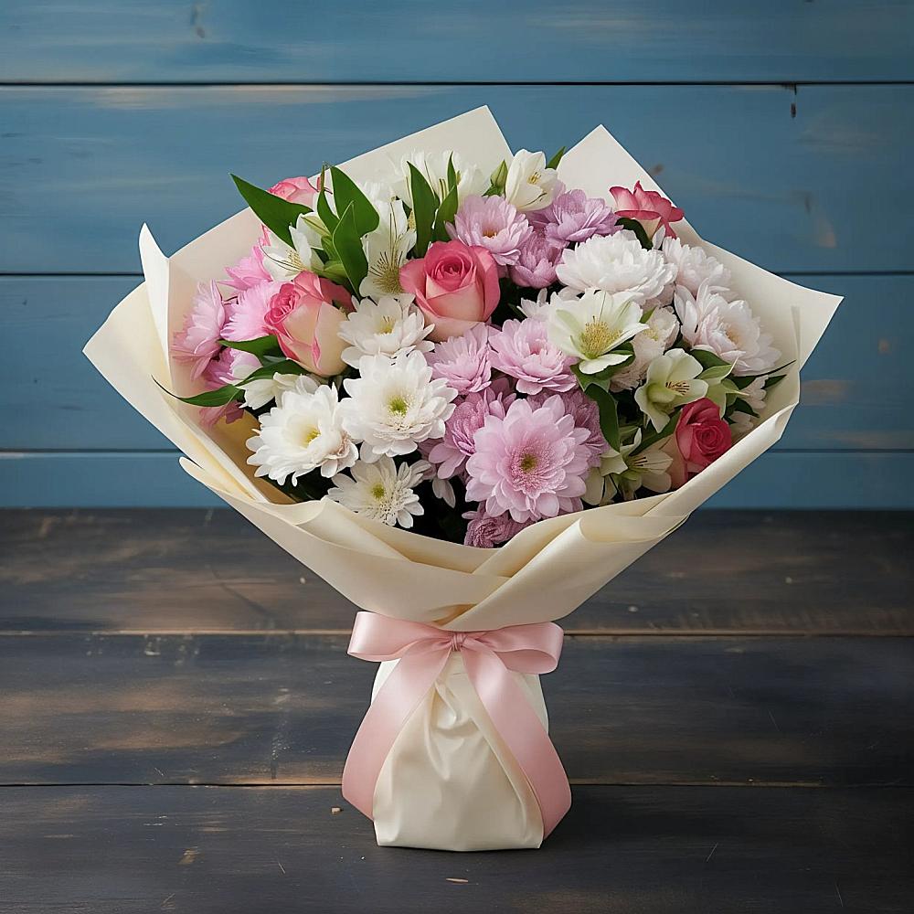 Букет цветов из: Хризантемы, Альстромерии и Розы в Переволоцкий